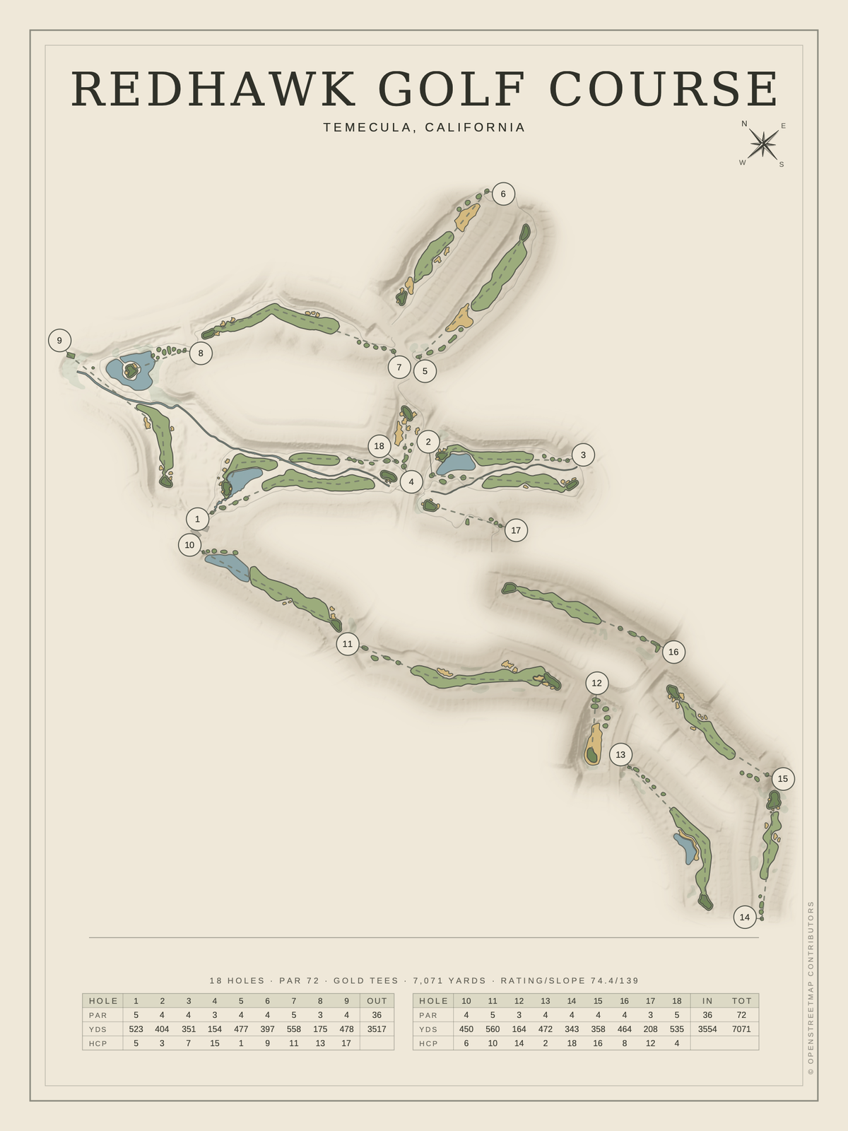 Redhawk Golf Club (Temecula) course map poster, Classic style, 12×16 / 18×24