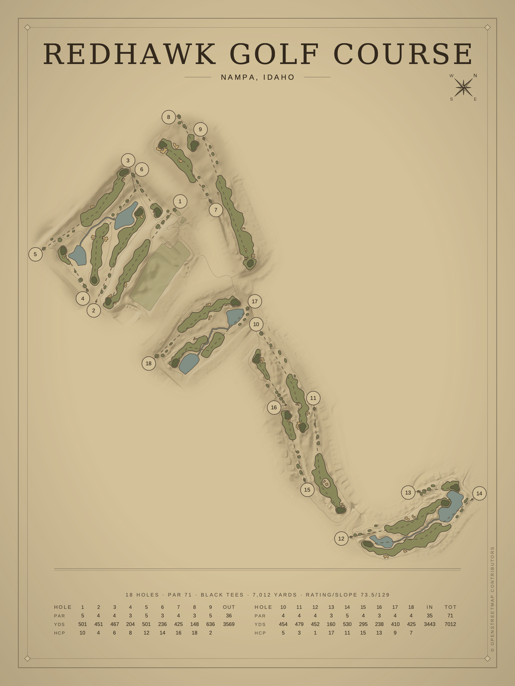 RedHawk Golf Course map poster, Vintage style, 12×16 / 18×24