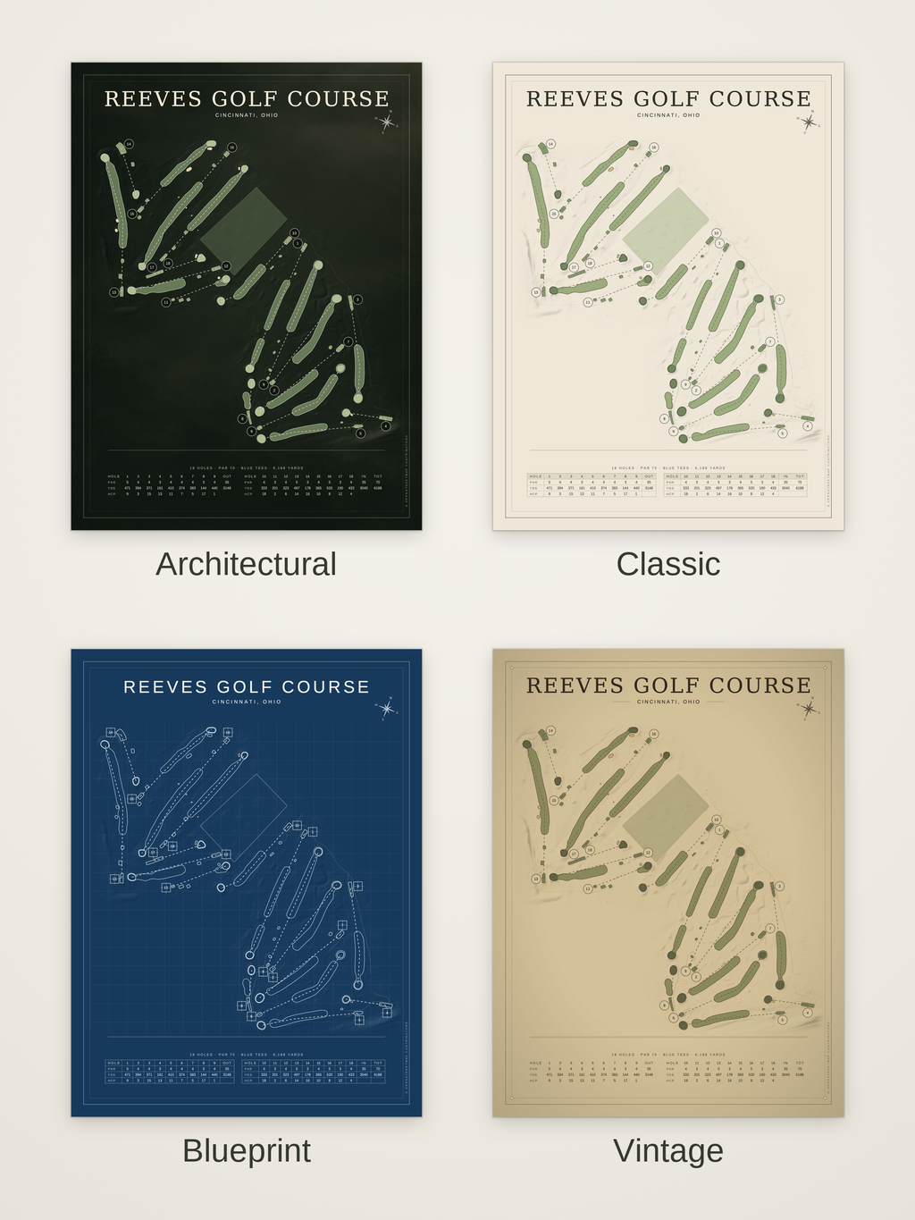 Reeves Golf Course map poster in four styles: Architectural, Classic, Blueprint and Vintage