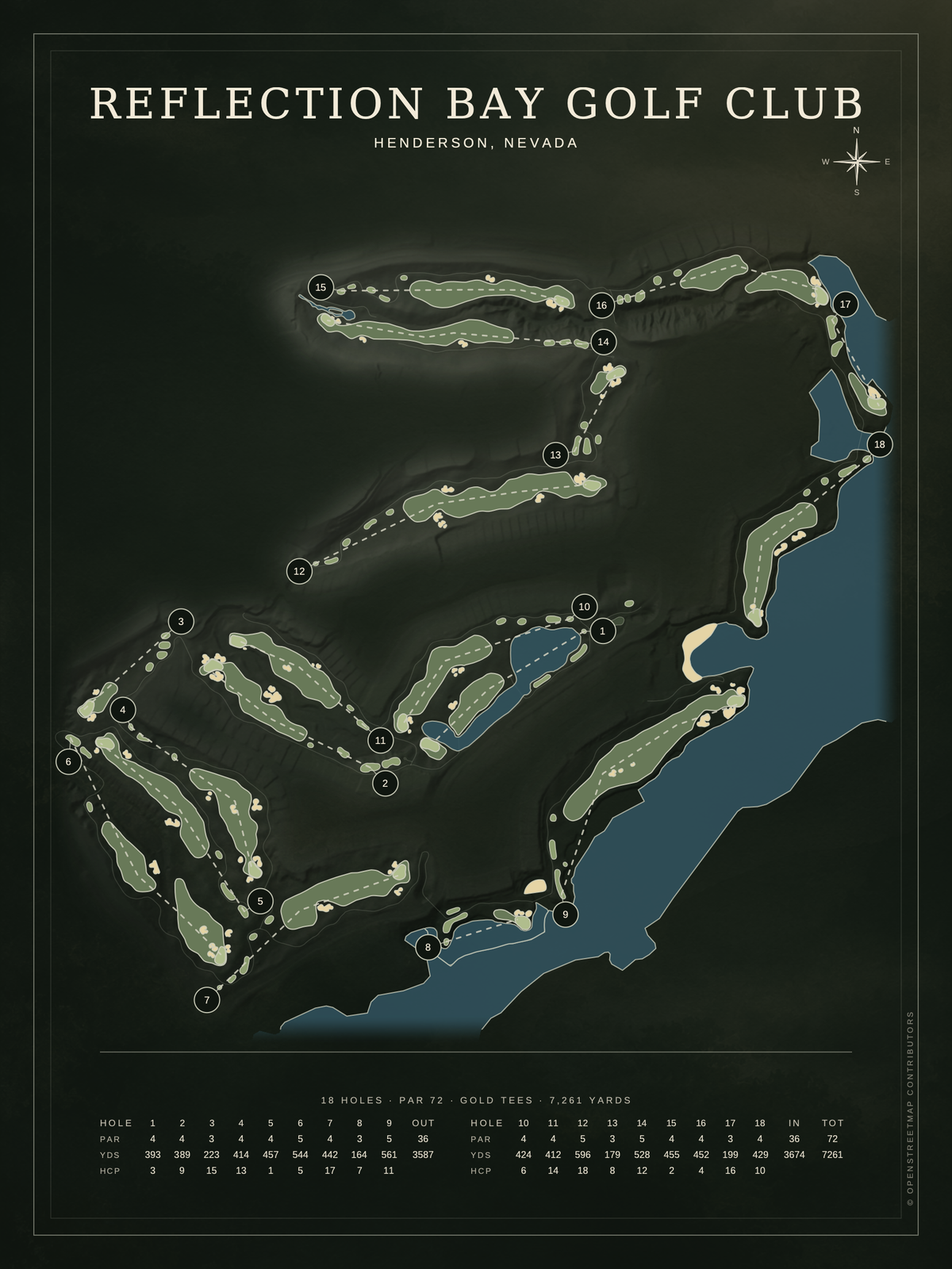 Reflection Bay Golf Club course map poster, Architectural style, 12×16 / 18×24