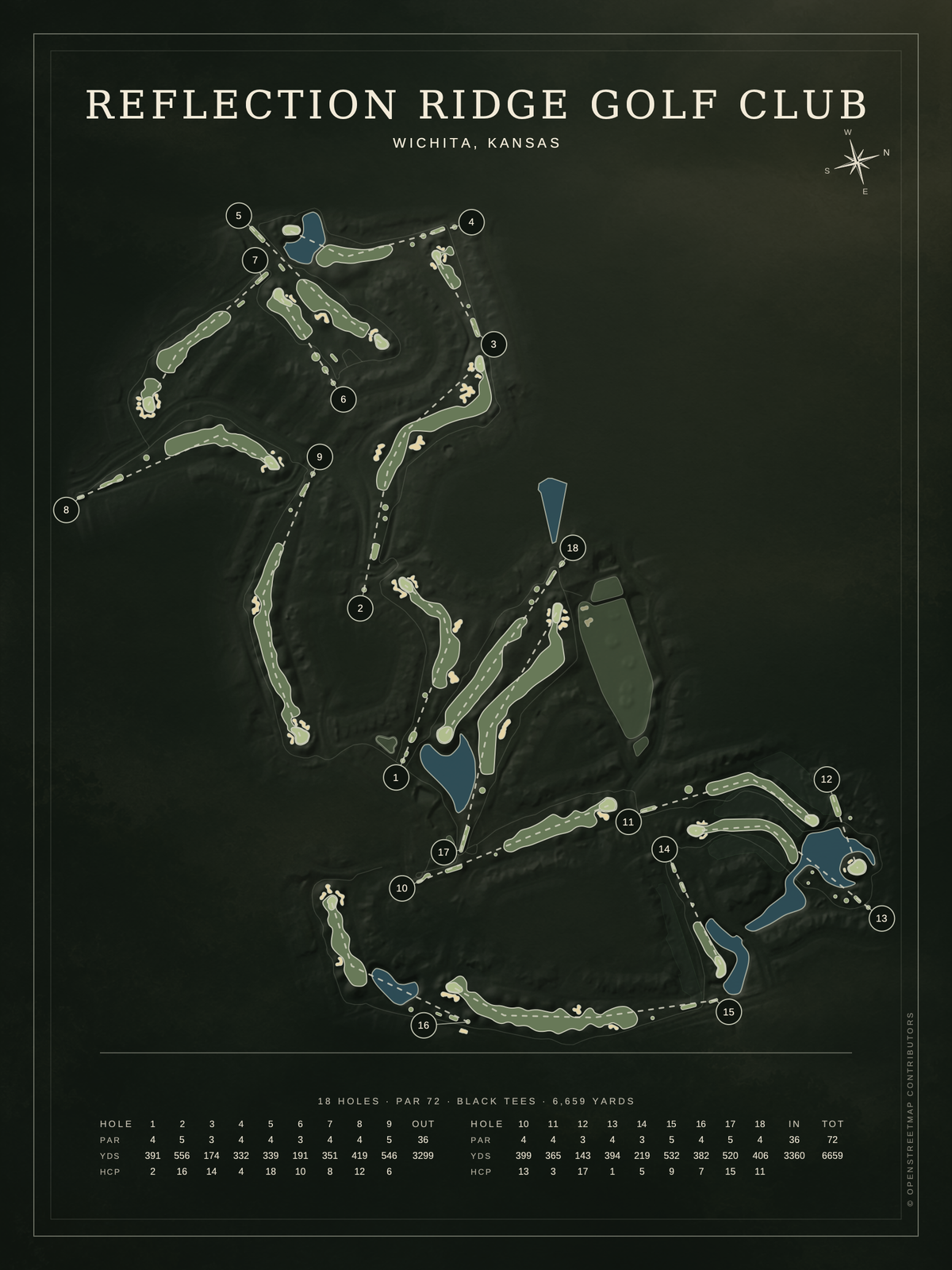 Reflection Ridge Golf Club course map poster, Architectural style, 12×16 / 18×24