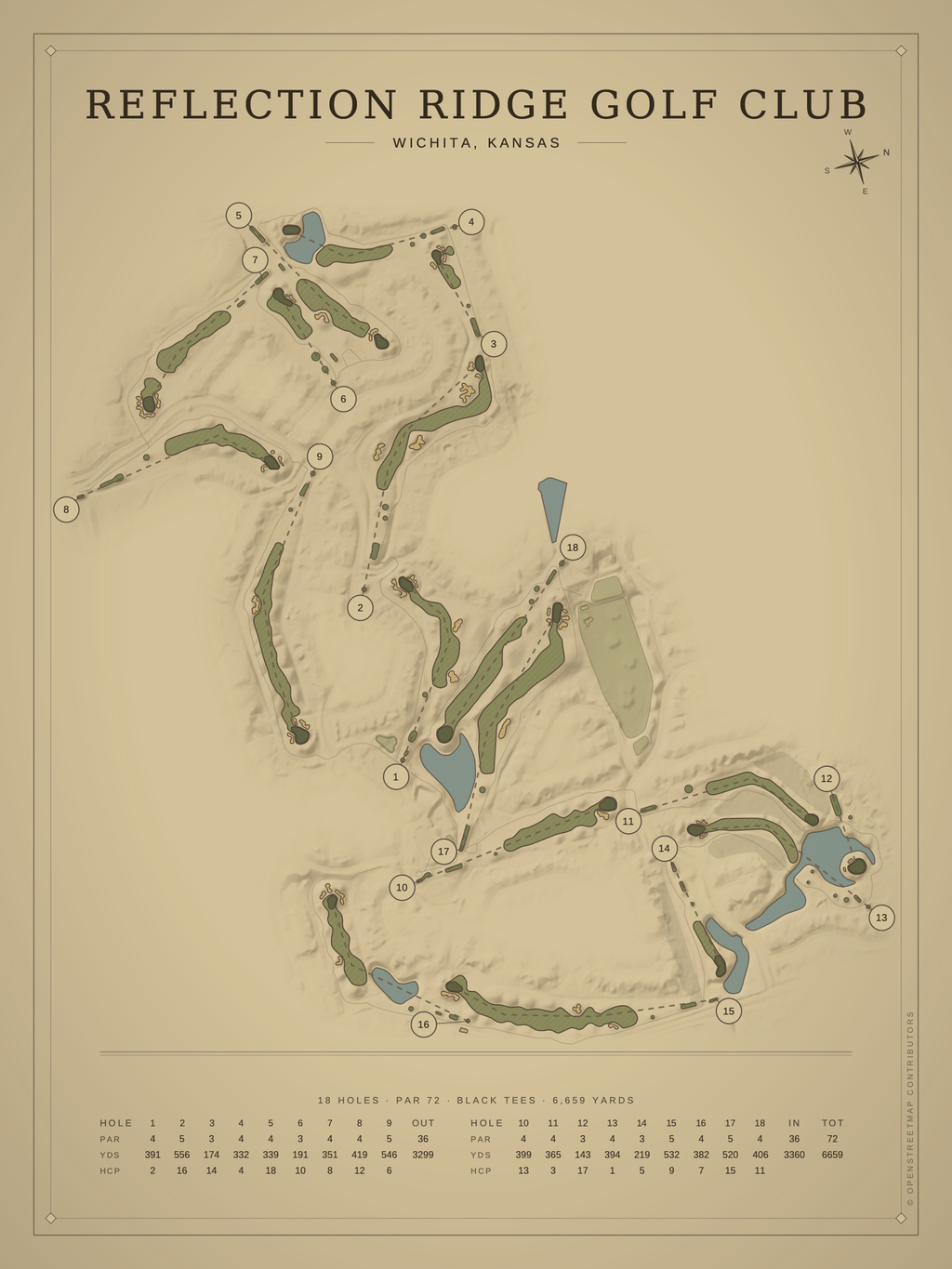 Reflection Ridge Golf Club course map poster, Vintage style, 12×16 / 18×24