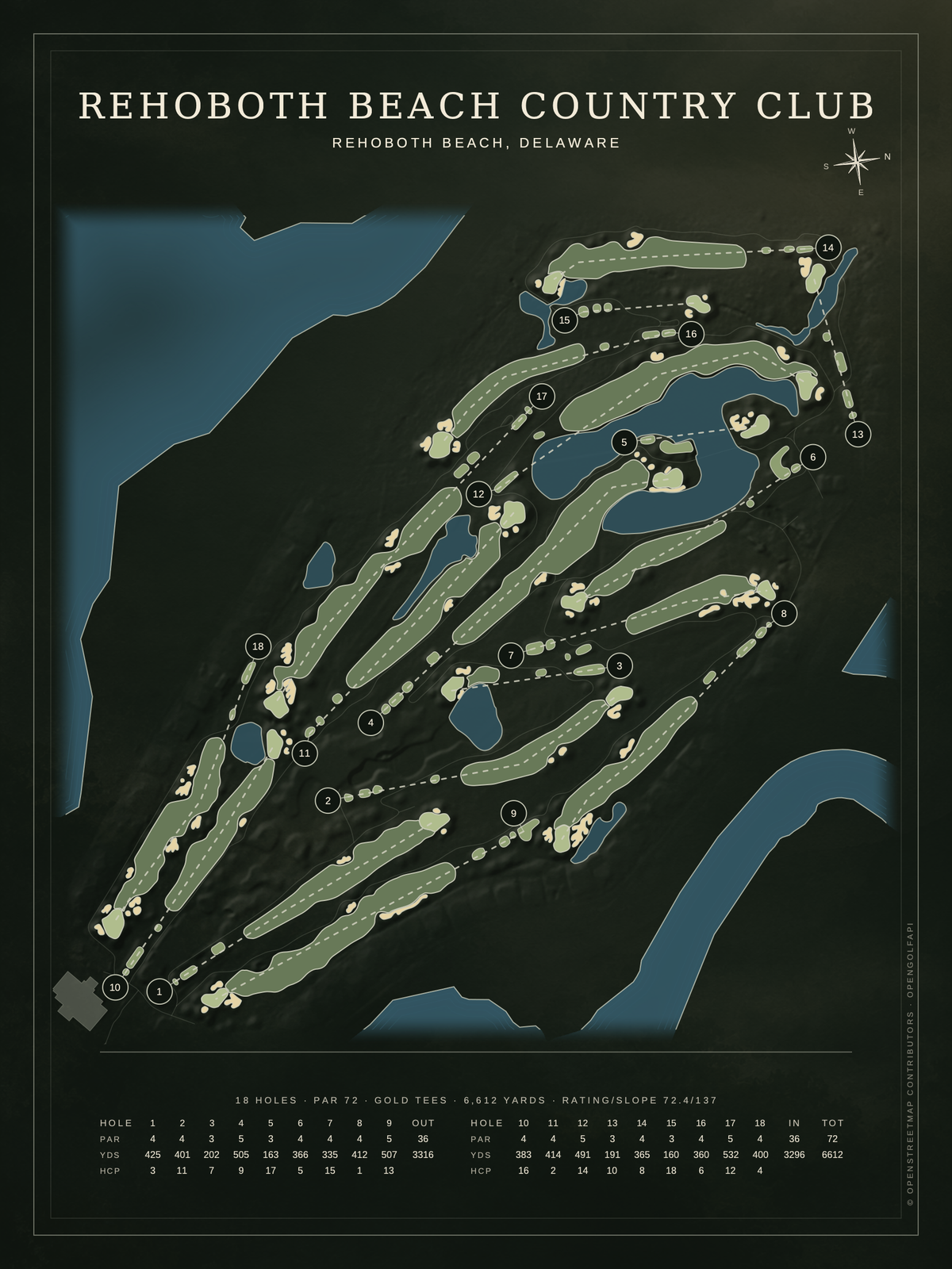 Rehoboth Beach Country Club course map poster, Architectural style, 12×16 / 18×24