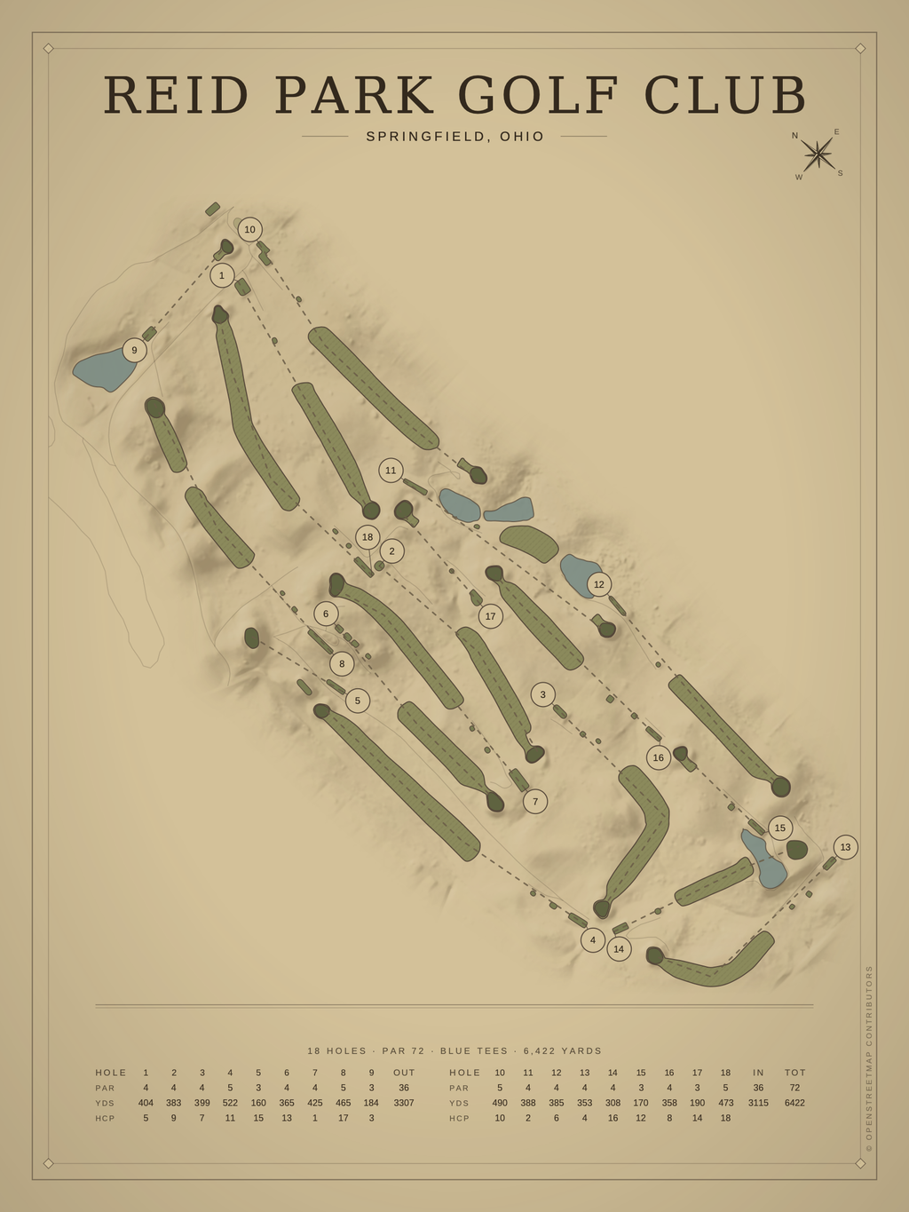 Reid Park Golf Club course map poster, Vintage style, 12×16 / 18×24