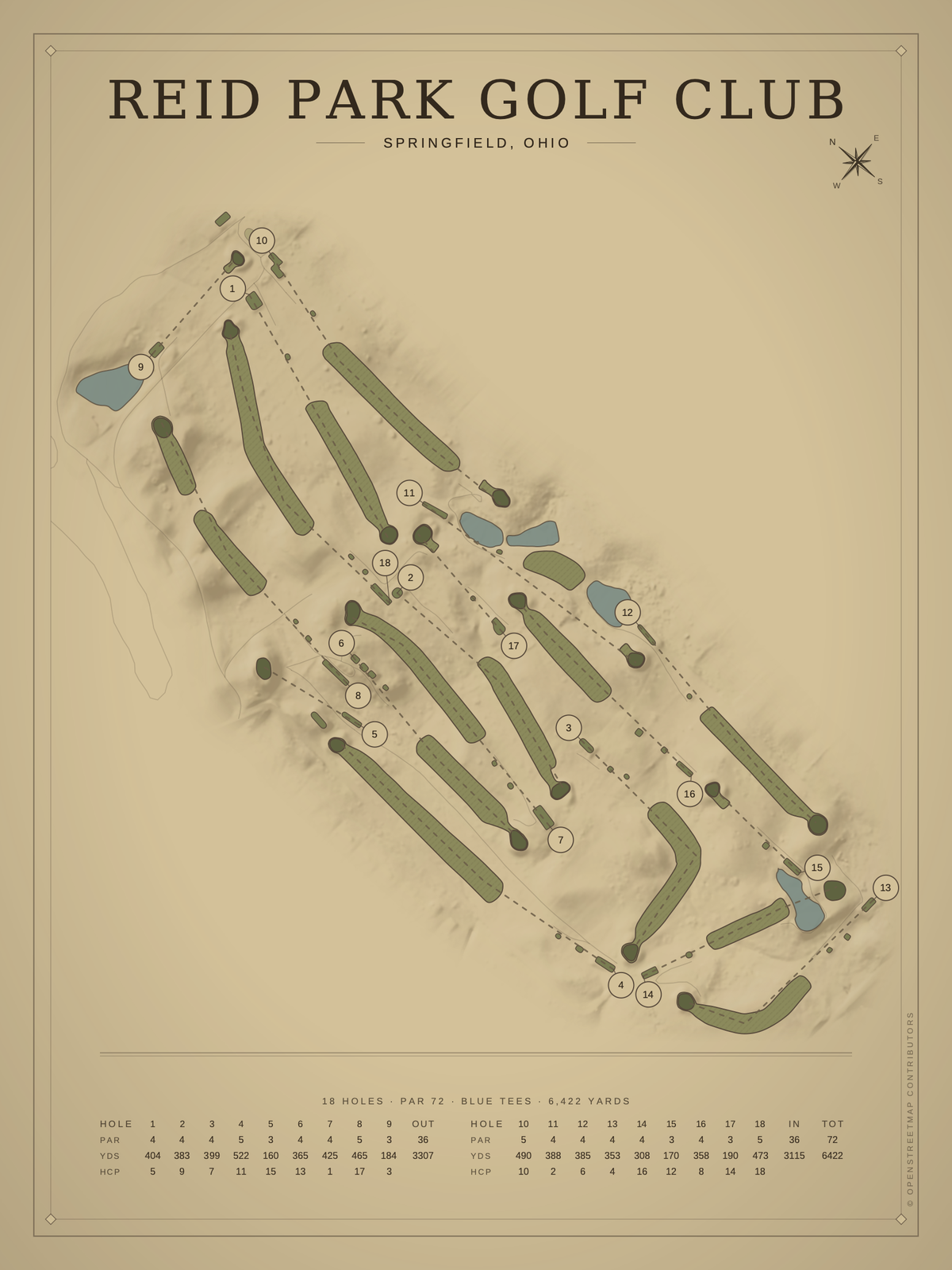 Reid Park Golf Club course map poster, Vintage style, 12×16 / 18×24