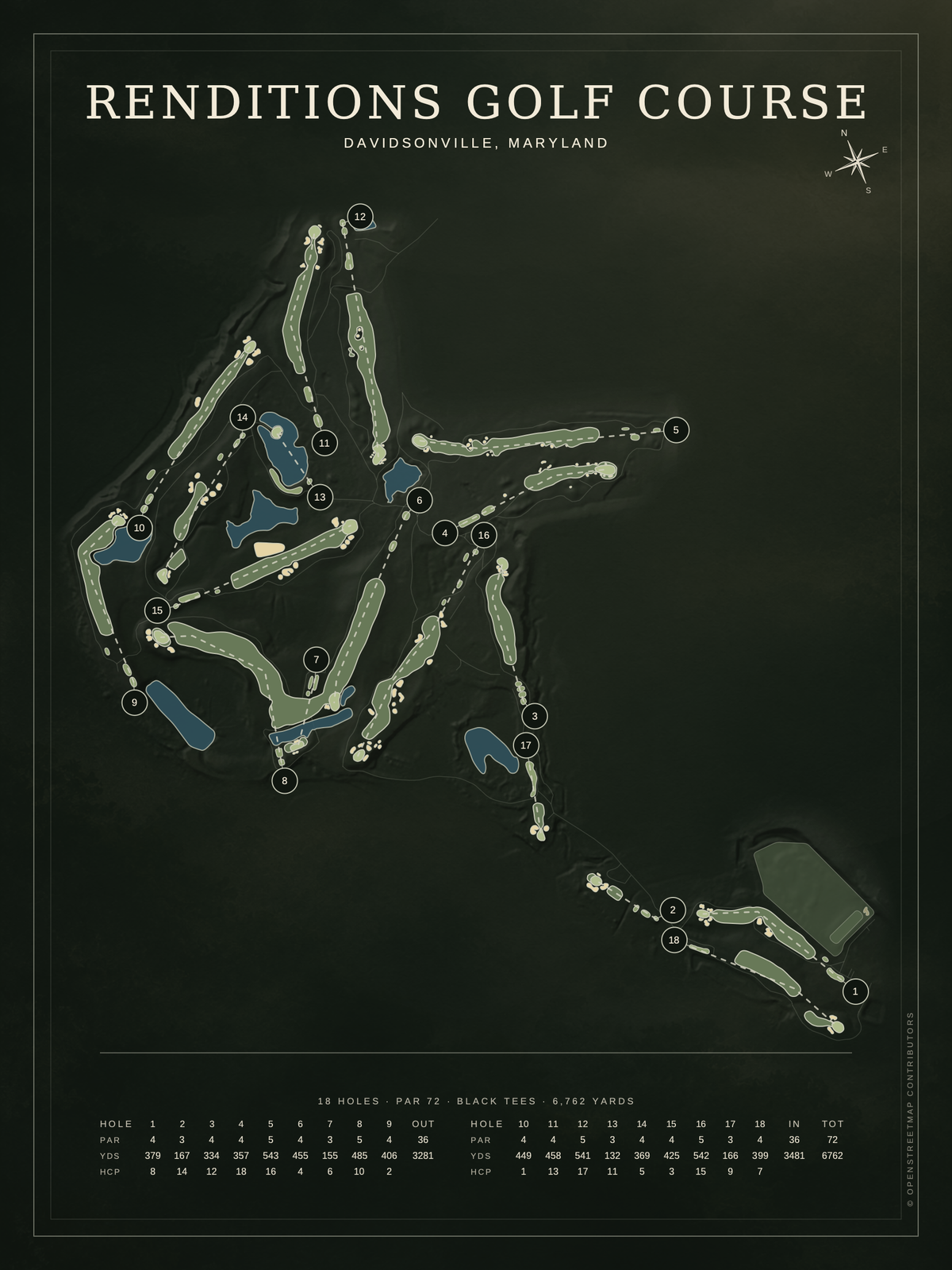 Renditions Golf Course map poster, Architectural style, 12×16 / 18×24