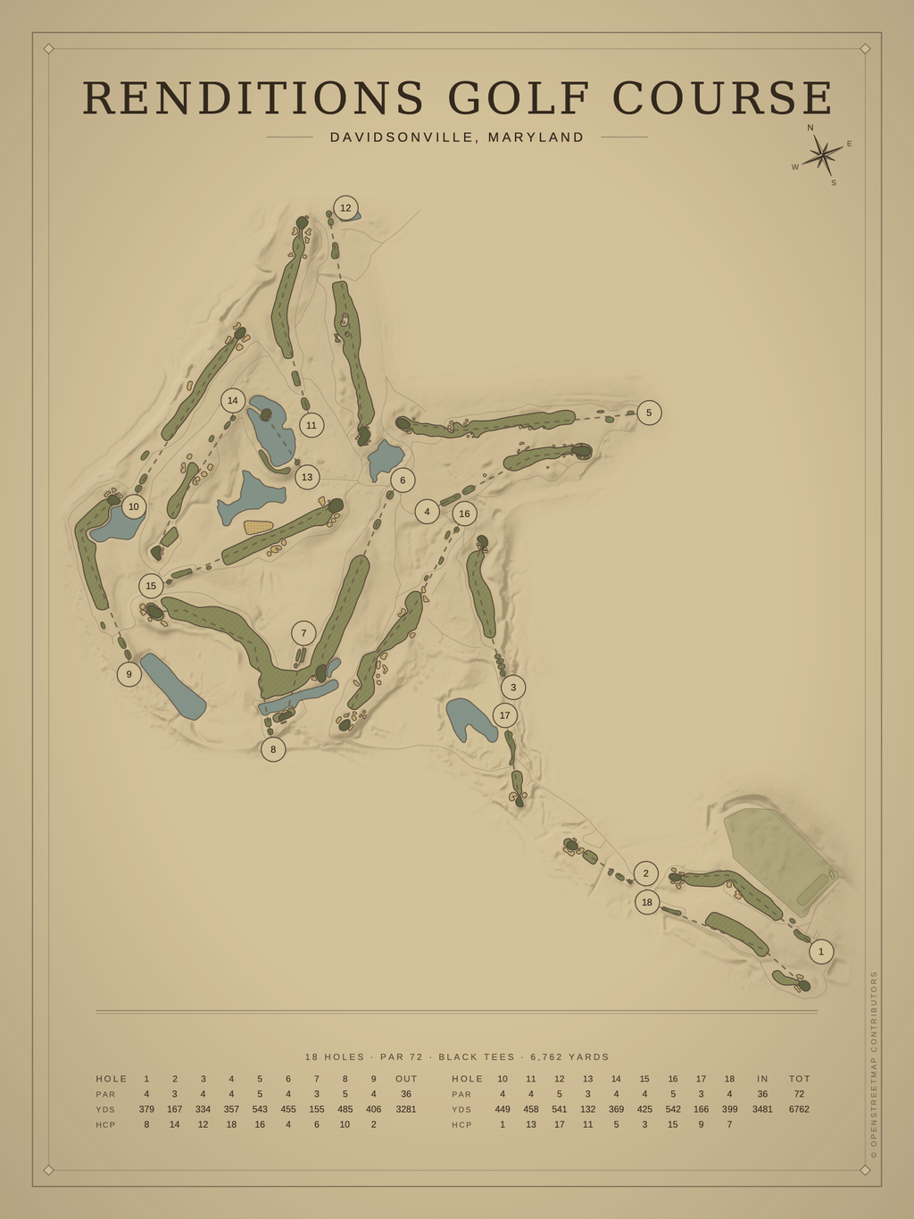 Renditions Golf Course map poster, Vintage style, 12×16 / 18×24