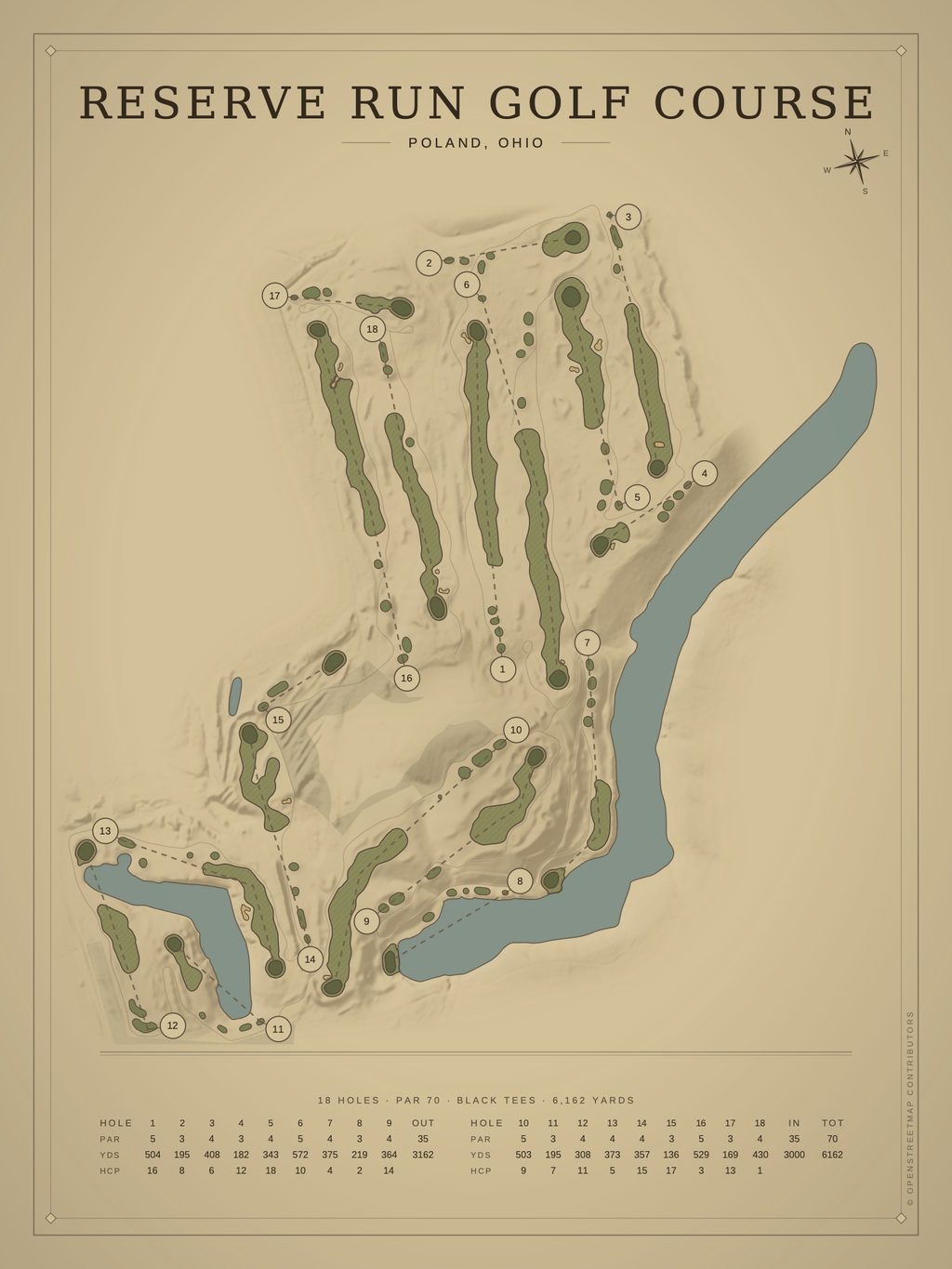 Reserve Run Golf Course map poster, Vintage style, 12×16 / 18×24