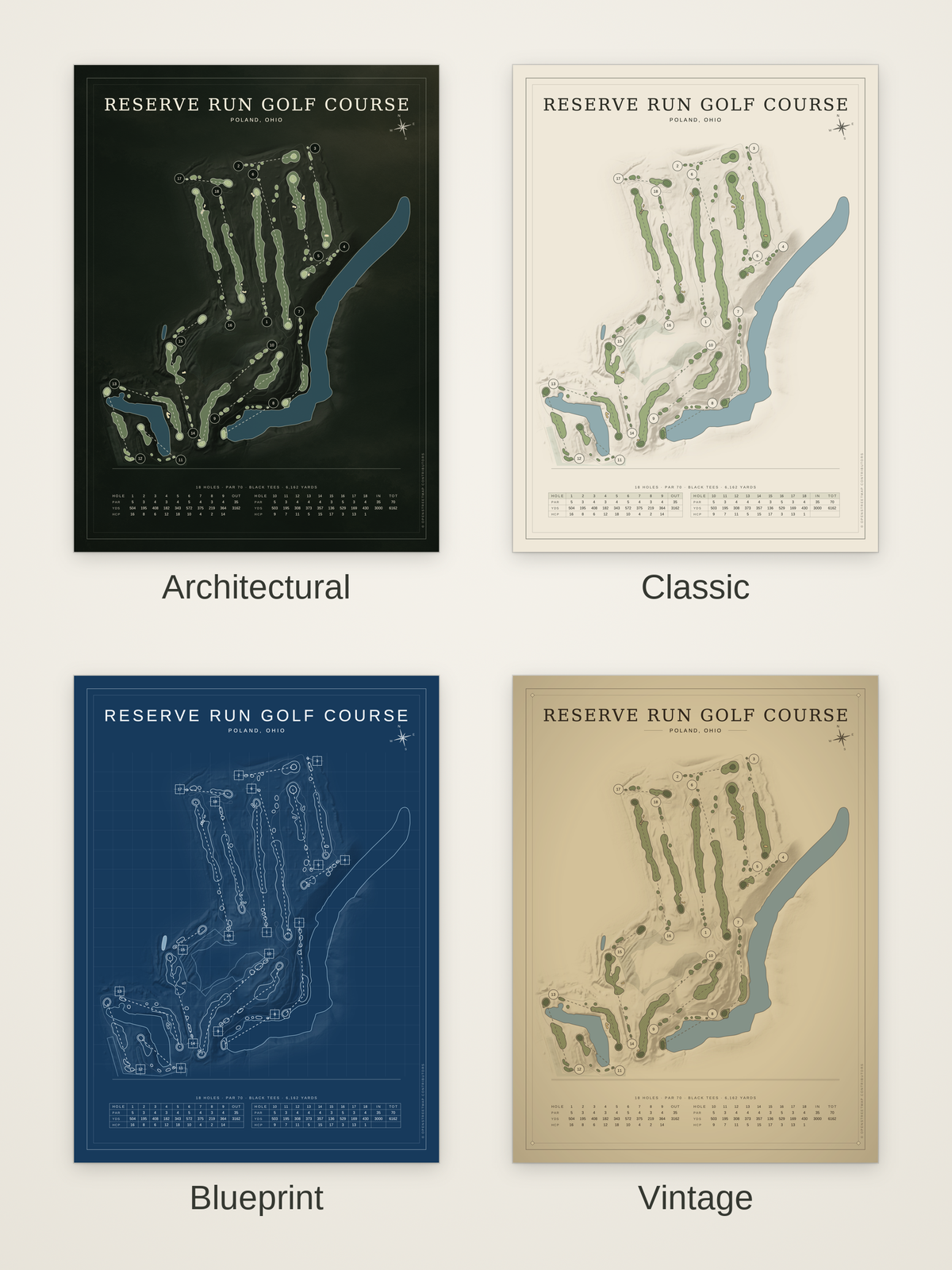 Reserve Run Golf Course map poster in four styles: Architectural, Classic, Blueprint and Vintage