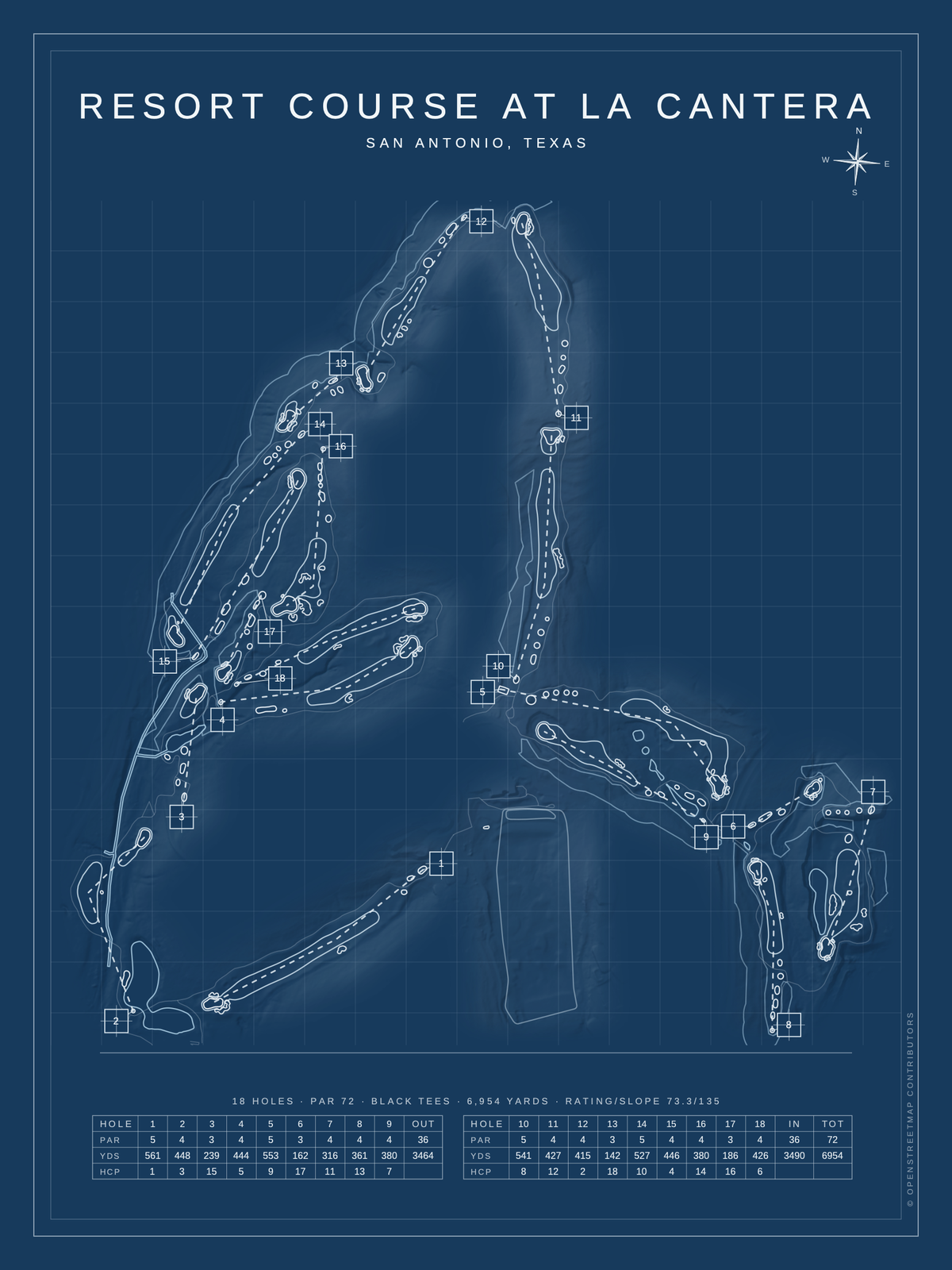 Resort Course at La Cantera course map poster, Blueprint style, 12×16 / 18×24