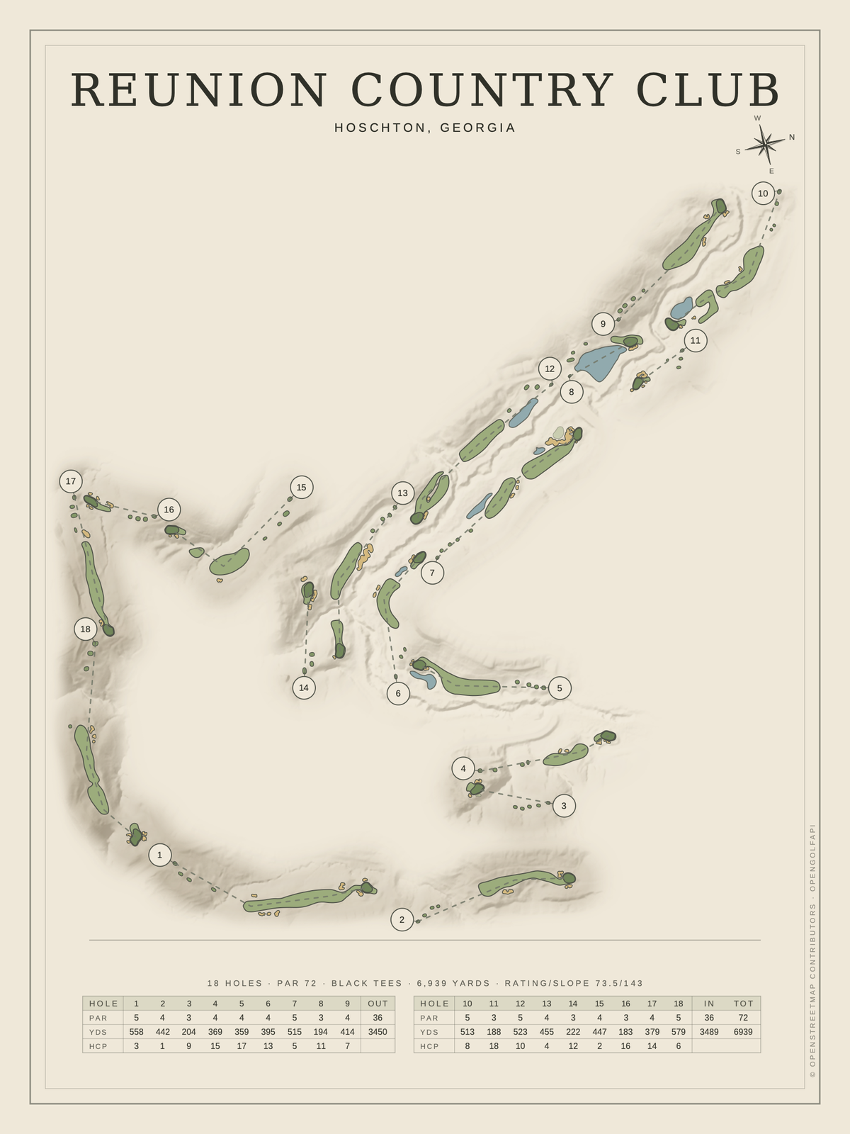 Reunion Country Club course map poster, Classic style, 12×16 / 18×24