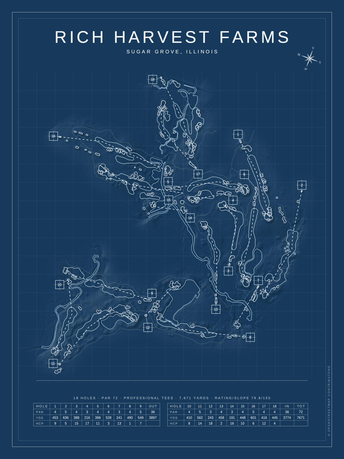 Rich Harvest Farms course map poster, Blueprint style, 12×16 / 18×24