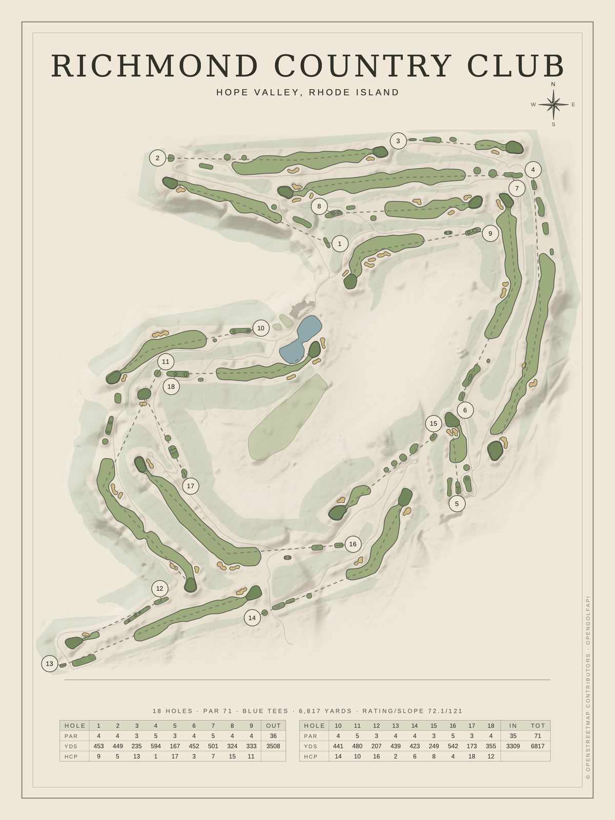 Richmond Country Club course map poster, Classic style, 12×16 / 18×24