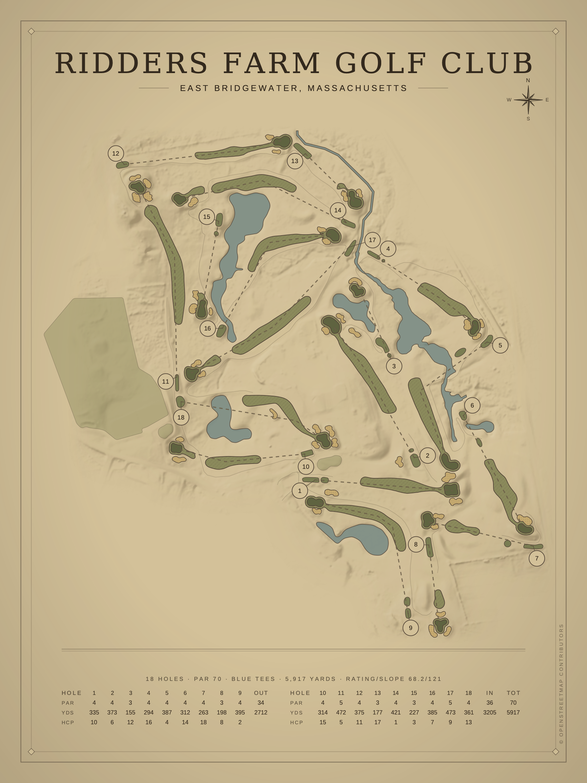 Ridders Farm Golf Club course map poster, Vintage style, 12×16 / 18×24
