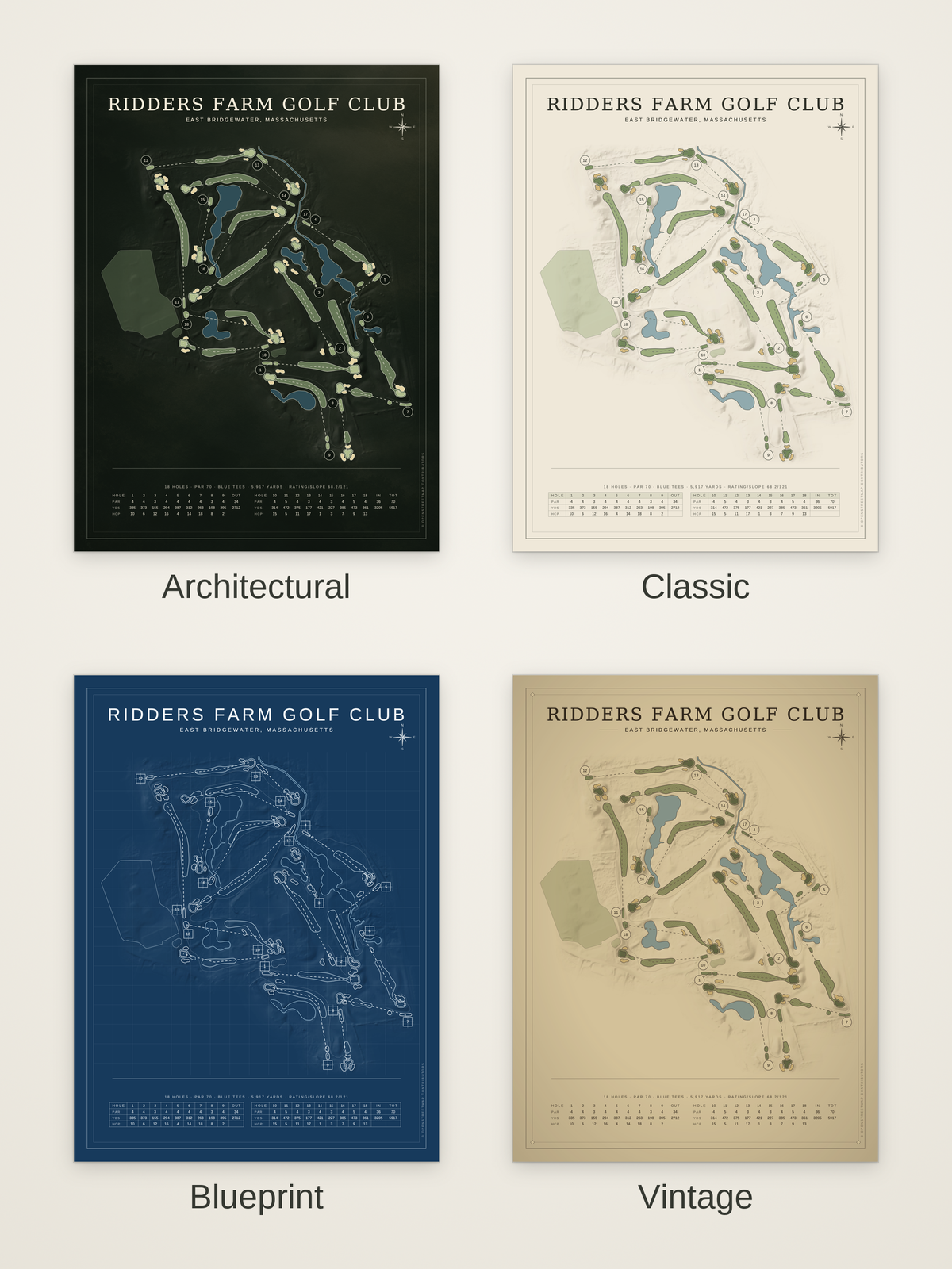 Ridders Farm Golf Club course map poster in four styles: Architectural, Classic, Blueprint and Vintage