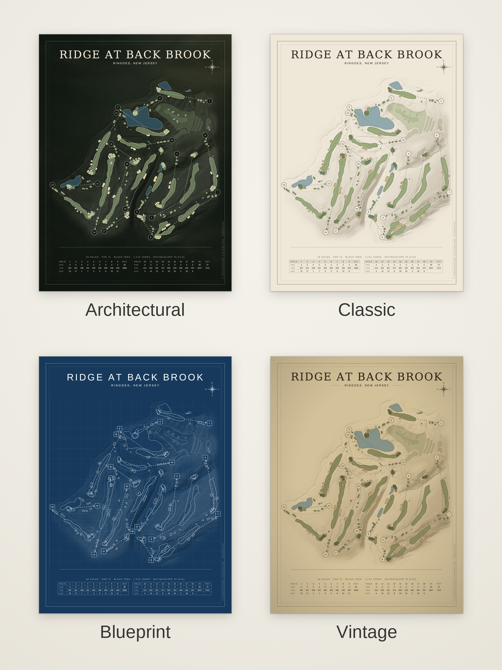 Ridge at Back Brook course map poster in four styles: Architectural, Classic, Blueprint and Vintage