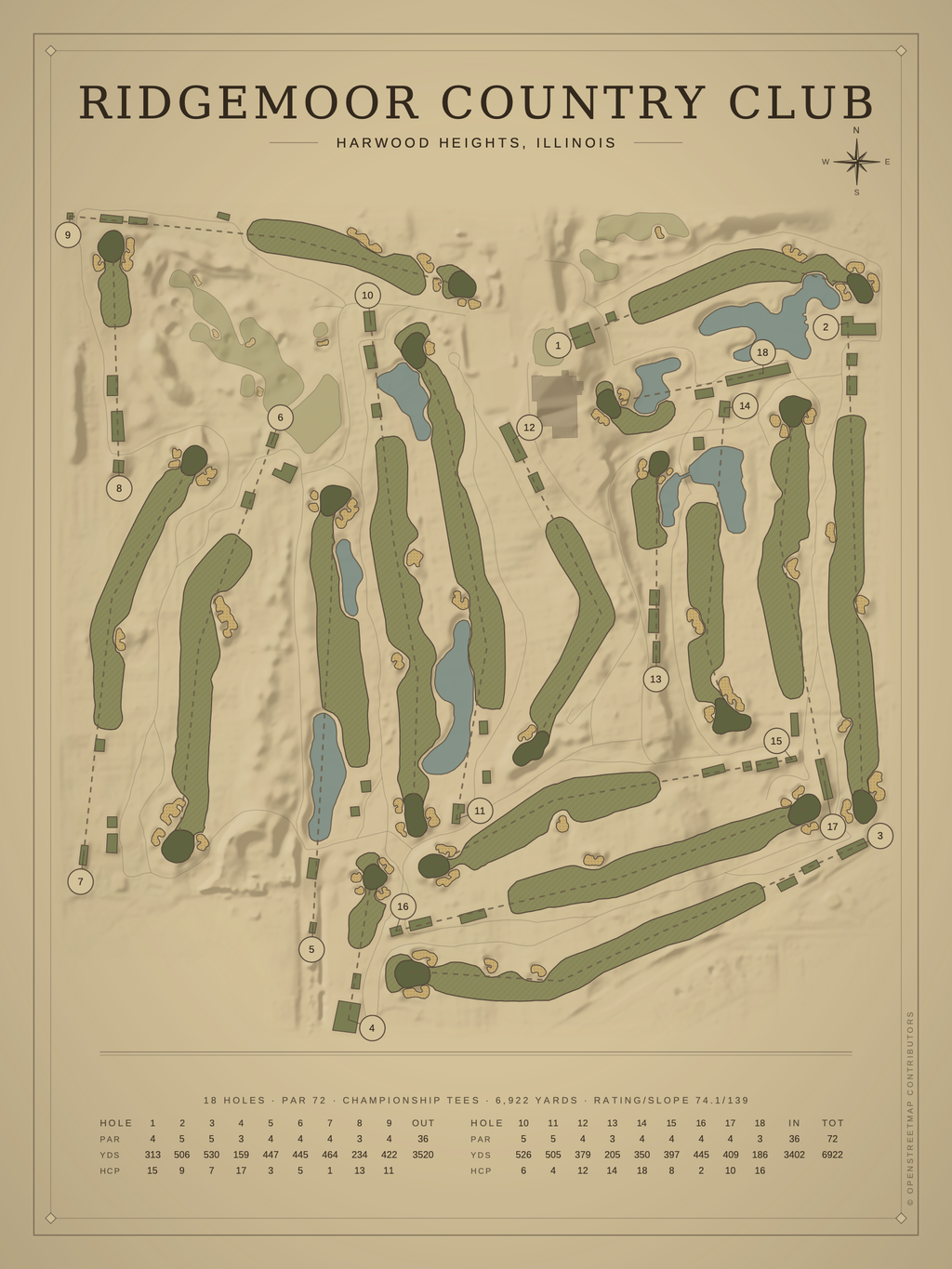 Ridgemoor Country Club course map poster, Vintage style, 12×16 / 18×24