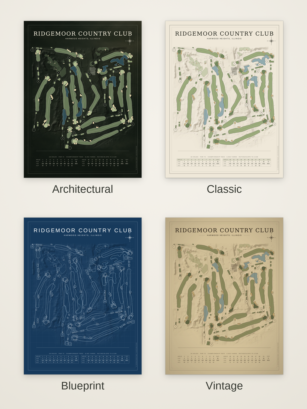 Ridgemoor Country Club course map poster in four styles: Architectural, Classic, Blueprint and Vintage