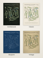 Ridgemoor Country Club course map poster in four styles: Architectural, Classic, Blueprint and Vintage