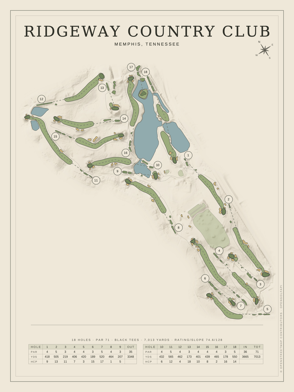 Ridgeway Country Club course map poster, Classic style, 12×16 / 18×24