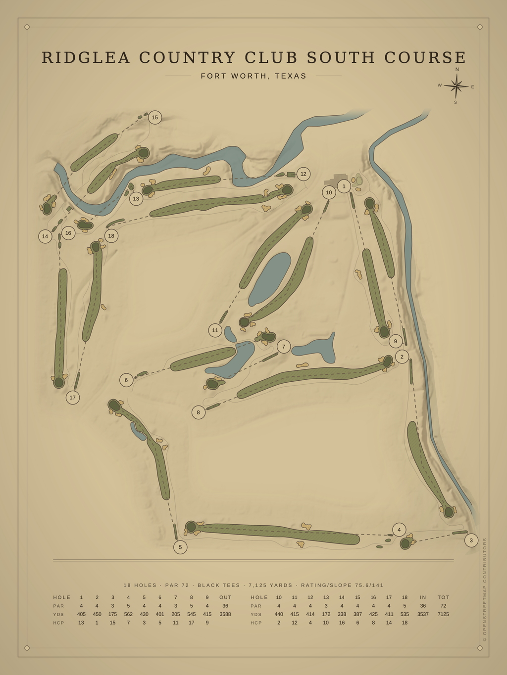 Ridglea Country Club South Course map poster, Vintage style, 12×16 / 18×24