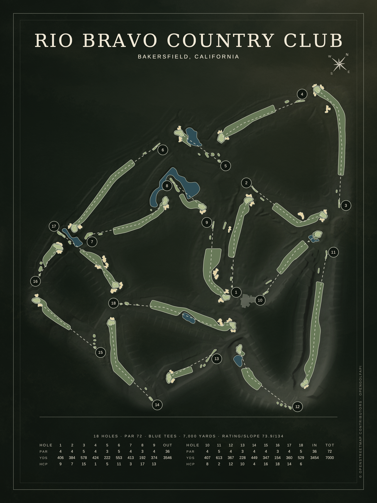 Rio Bravo Country Club course map poster, Architectural style, 12×16 / 18×24