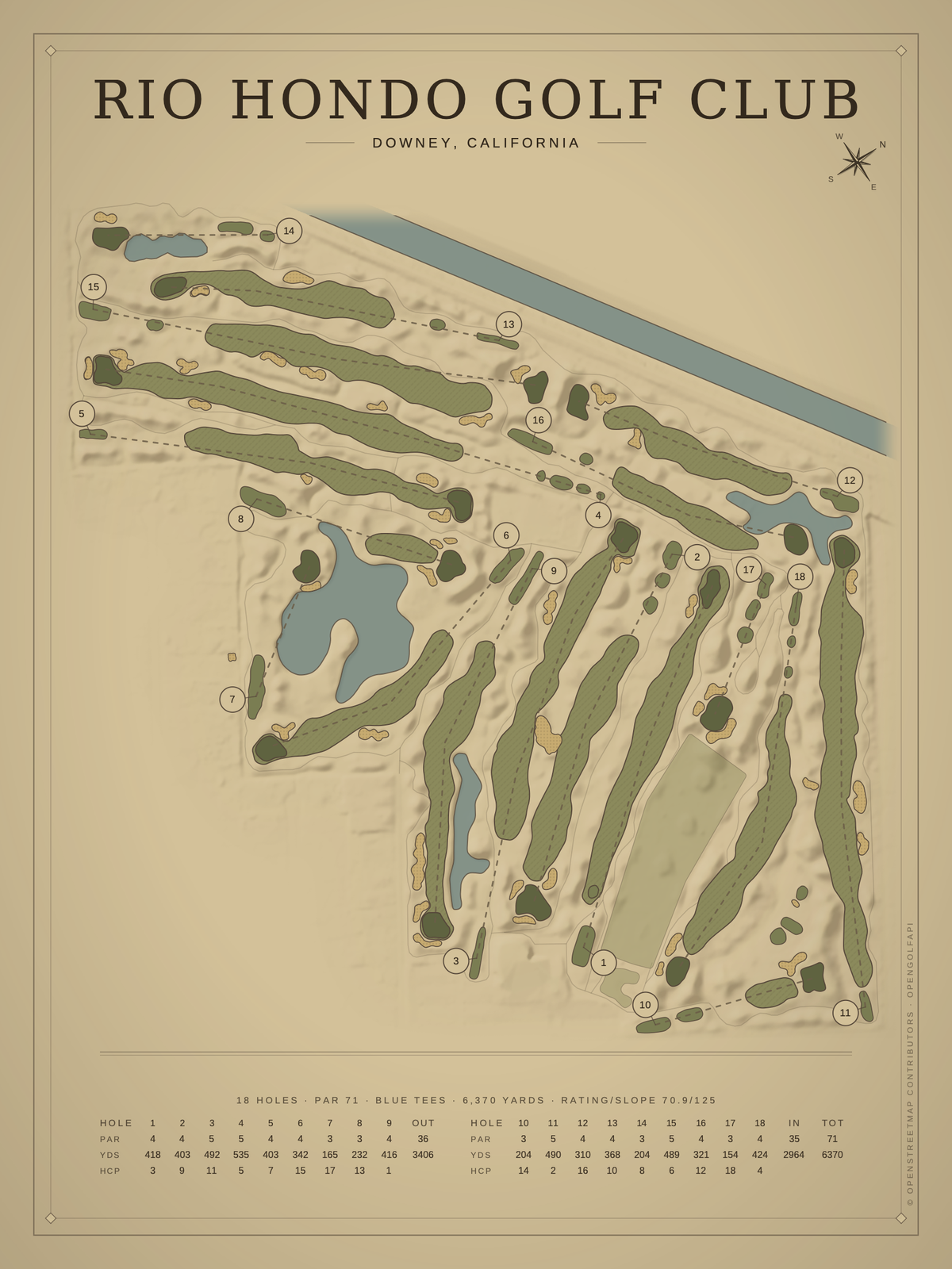 Rio Hondo Golf Club course map poster, Vintage style, 12×16 / 18×24