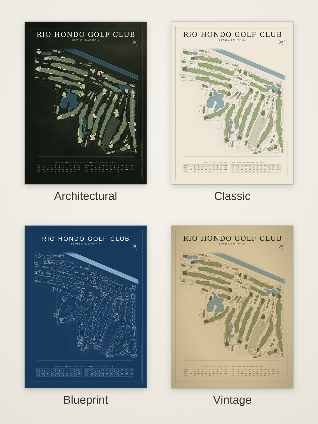 Rio Hondo Golf Club course map poster in four styles: Architectural, Classic, Blueprint and Vintage