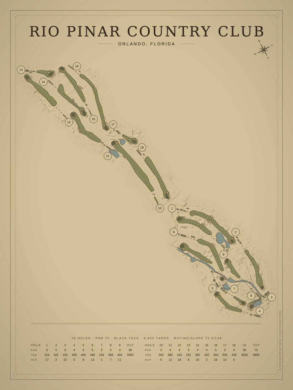 Rio Pinar Country Club course map poster, Vintage style, 12×16 / 18×24