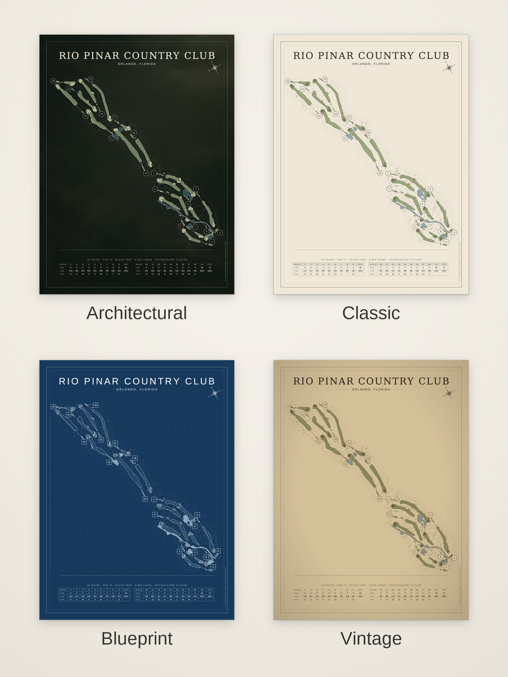 Rio Pinar Country Club course map poster in four styles: Architectural, Classic, Blueprint and Vintage