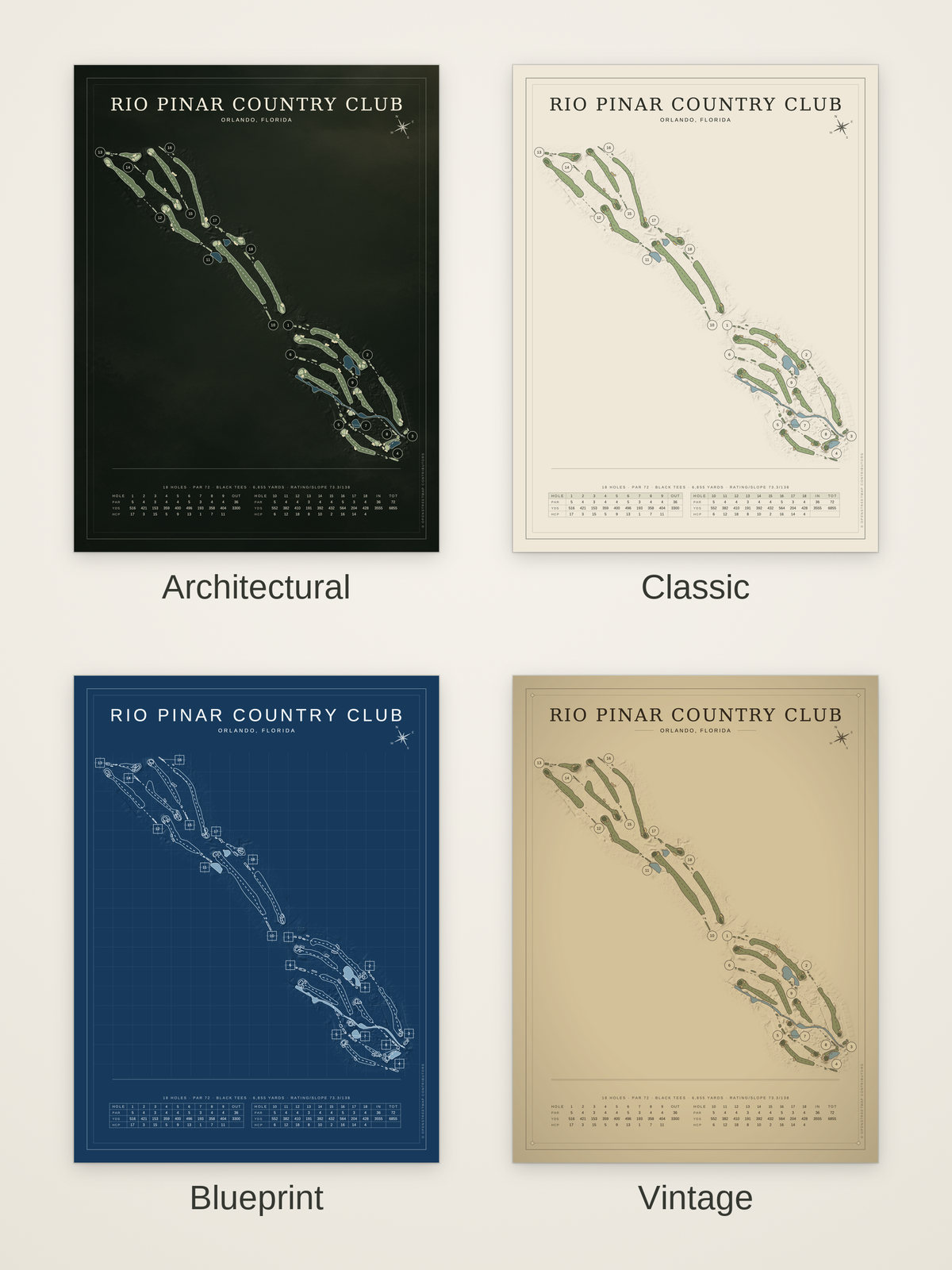 Rio Pinar Country Club course map poster in four styles: Architectural, Classic, Blueprint and Vintage