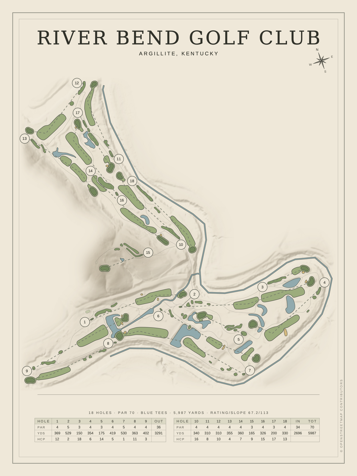 River Bend Golf Club course map poster, Classic style, 12×16 / 18×24