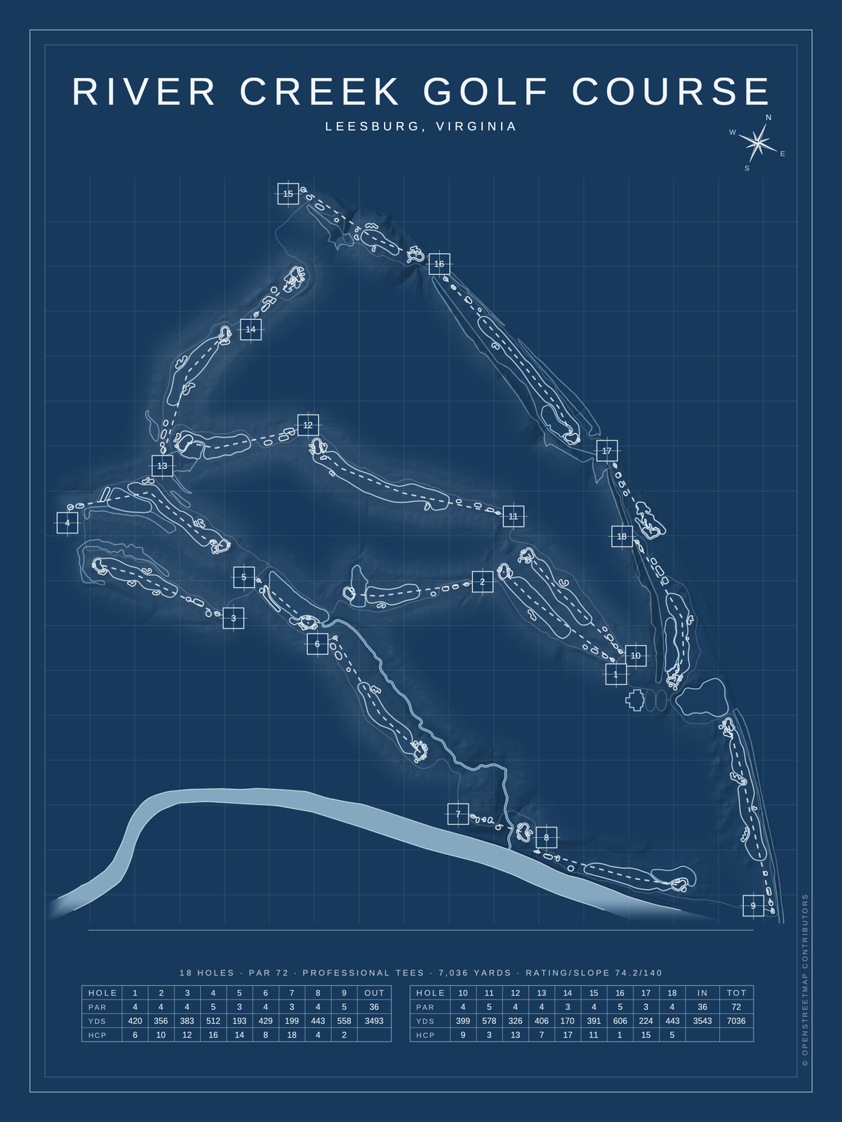 River Creek Golf (Leesburg) course map poster, Blueprint style, 12×16 / 18×24