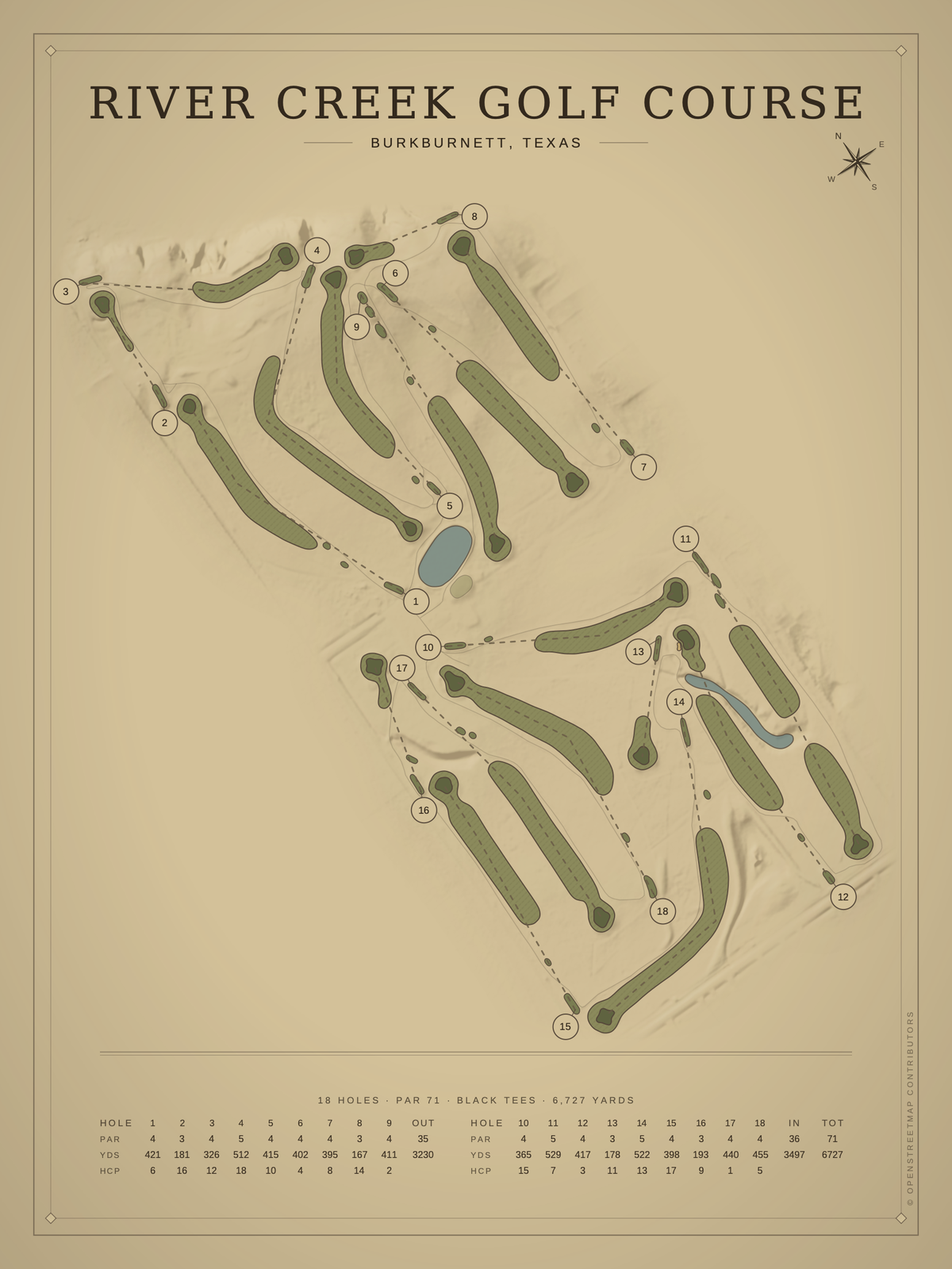River Creek Golf Course map poster, Vintage style, 12×16 / 18×24