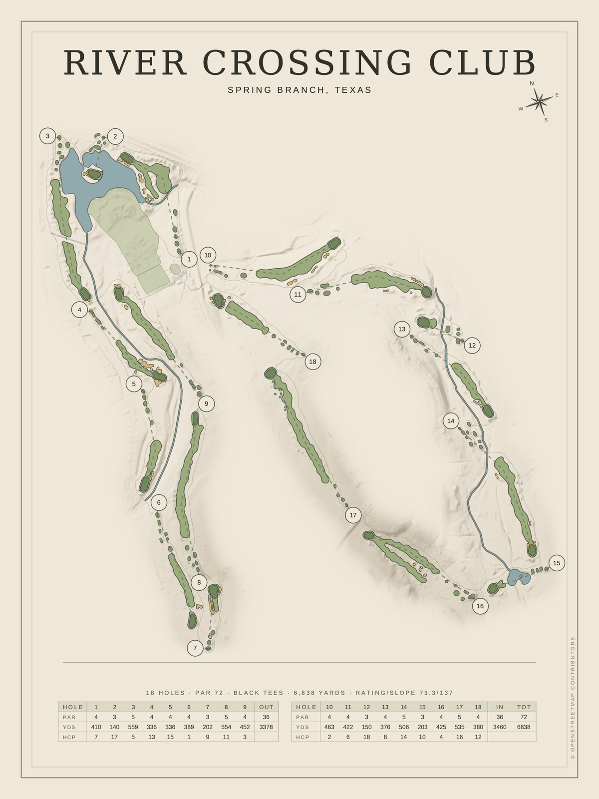 River Crossing Club course map poster, Classic style, 12×16 / 18×24
