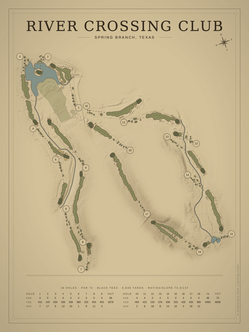 River Crossing Club course map poster, Vintage style, 12×16 / 18×24