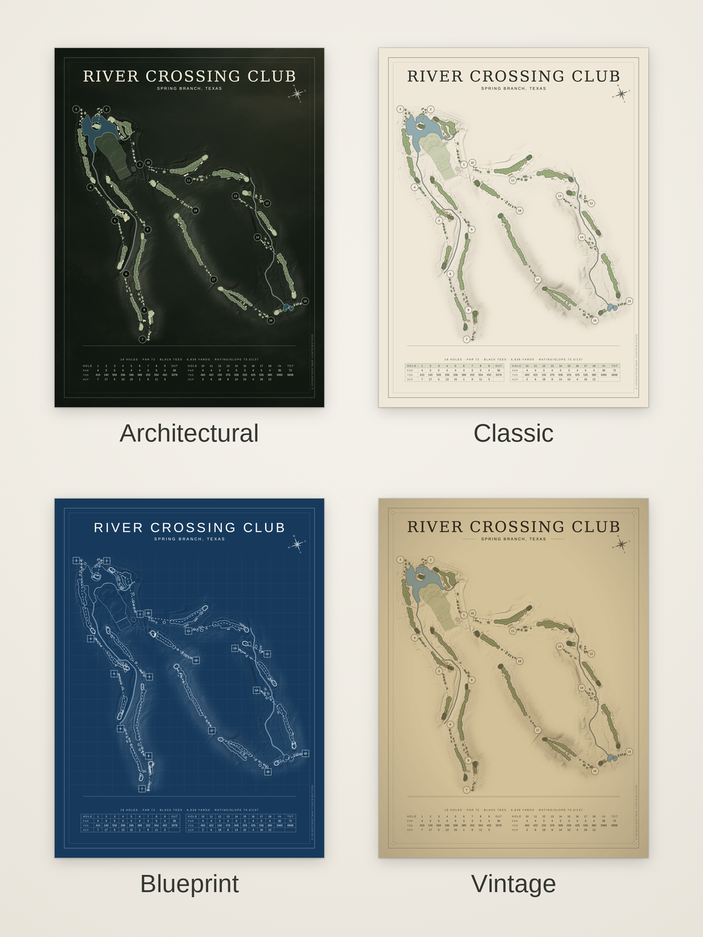River Crossing Club course map poster in four styles: Architectural, Classic, Blueprint and Vintage