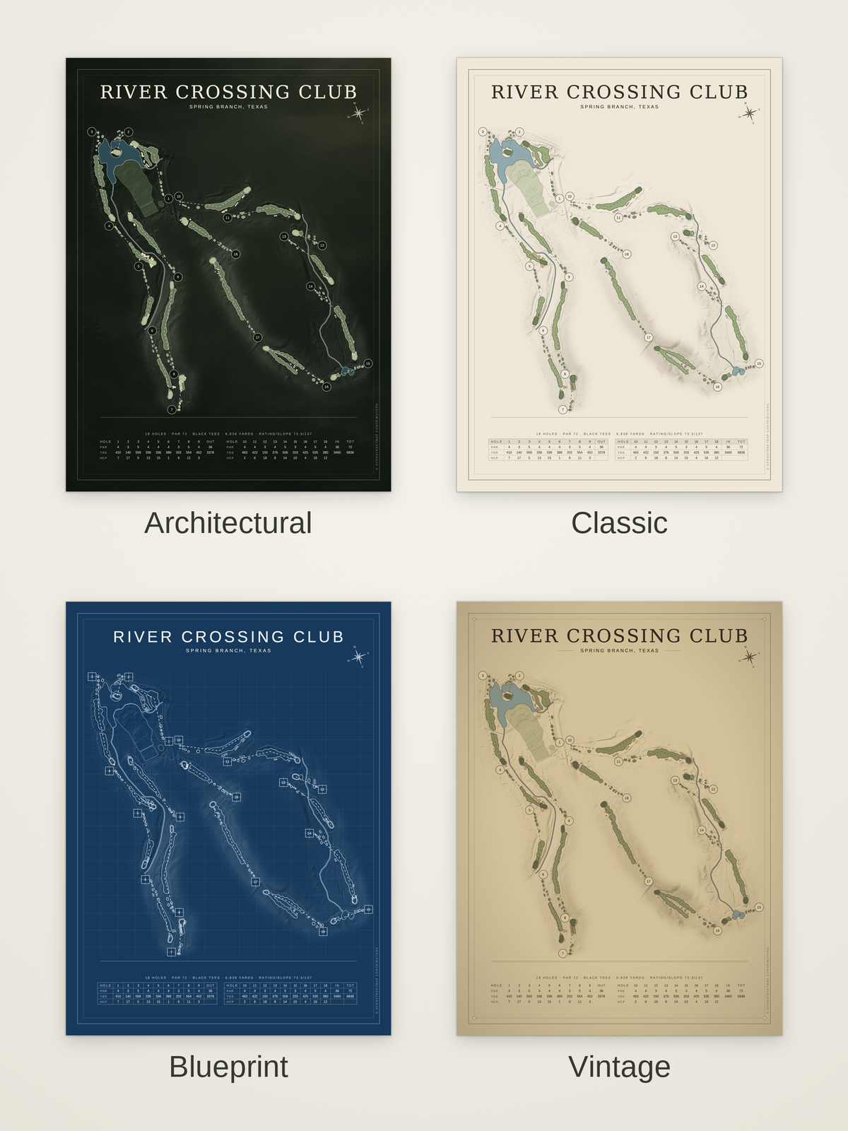 River Crossing Club course map poster in four styles: Architectural, Classic, Blueprint and Vintage