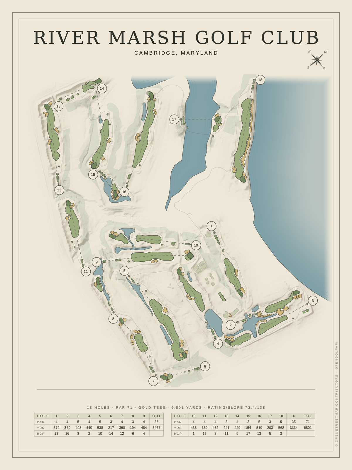 River Marsh Golf Club course map poster, Classic style, 12×16 / 18×24