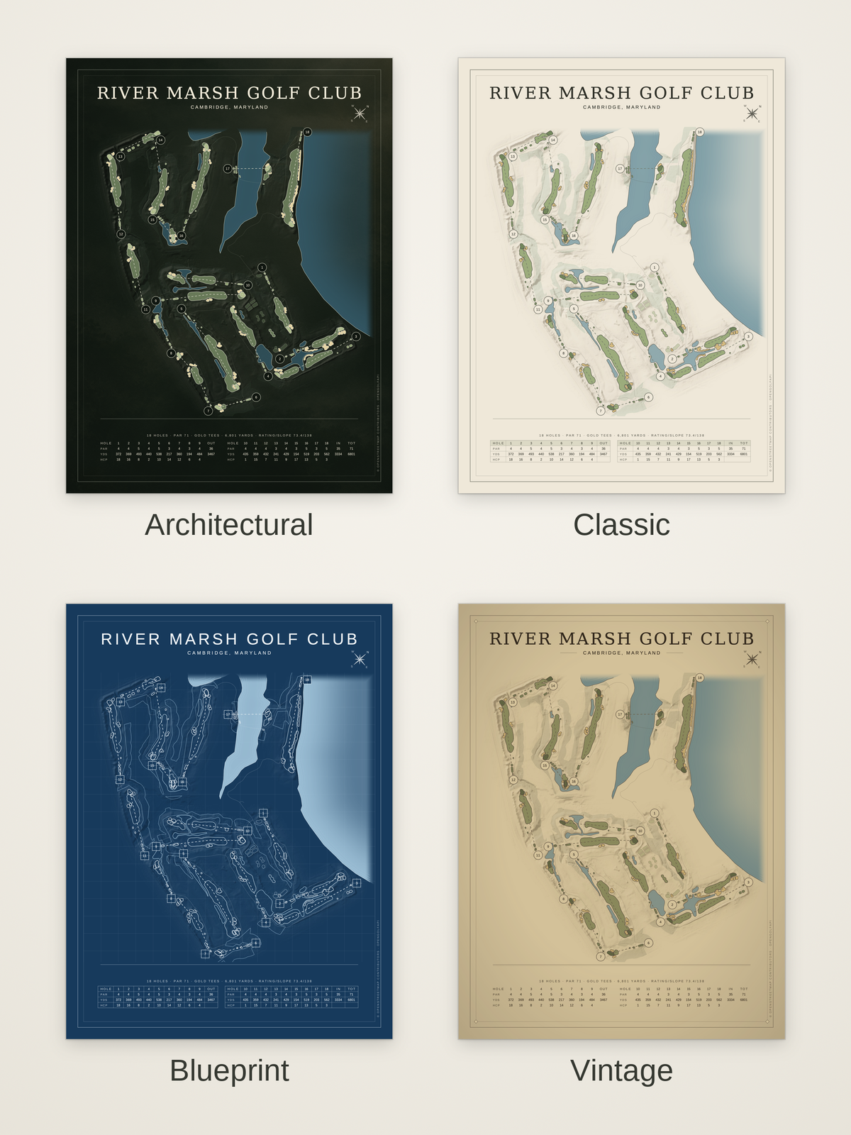 River Marsh Golf Club course map poster in four styles: Architectural, Classic, Blueprint and Vintage