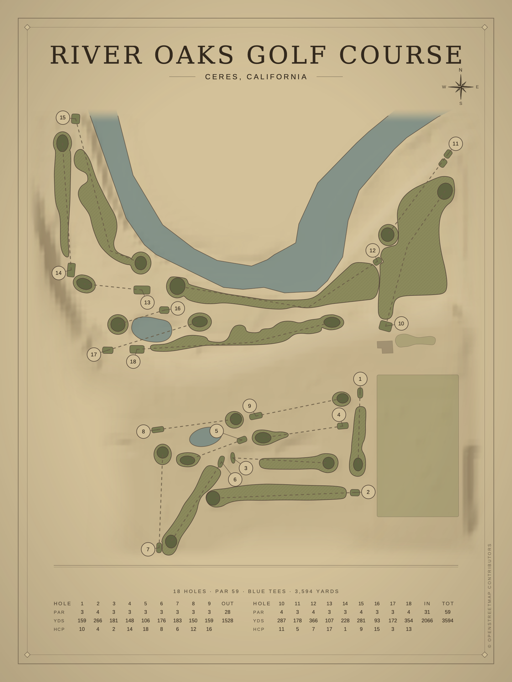 River Oaks Golf Course and Event Center course map poster, Vintage style, 12×16 / 18×24