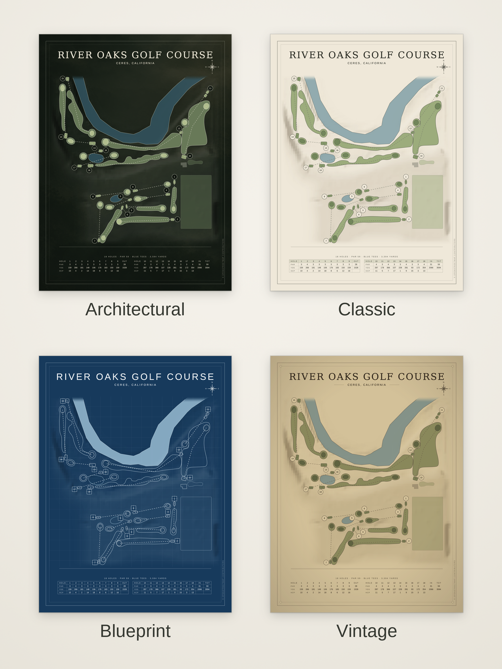 River Oaks Golf Course and Event Center course map poster in four styles: Architectural, Classic, Blueprint and Vintage