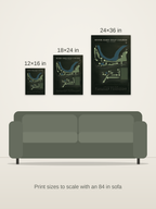 River Oaks Golf Course and Event Center course map poster in the Architectural style at 12×16, 18×24 and 24×36 inches, shown to scale on a wall above an 84-inch sofa