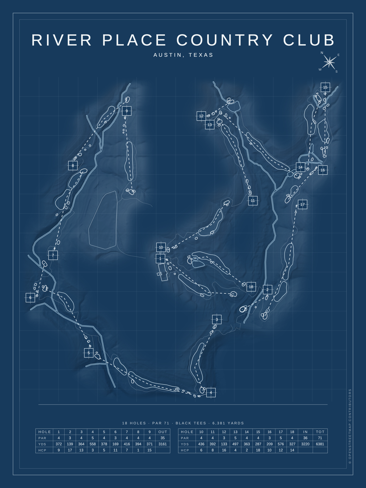 River Place Country Club course map poster, Blueprint style, 12×16 / 18×24