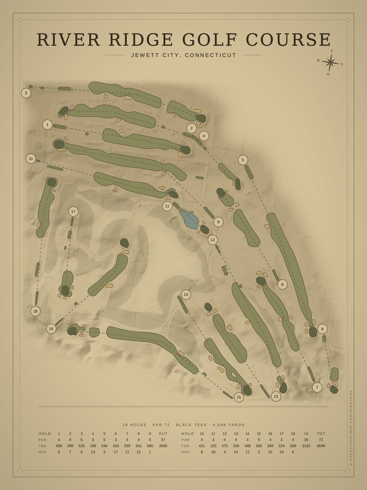 River Ridge Golf Course map poster, Vintage style, 12×16 / 18×24