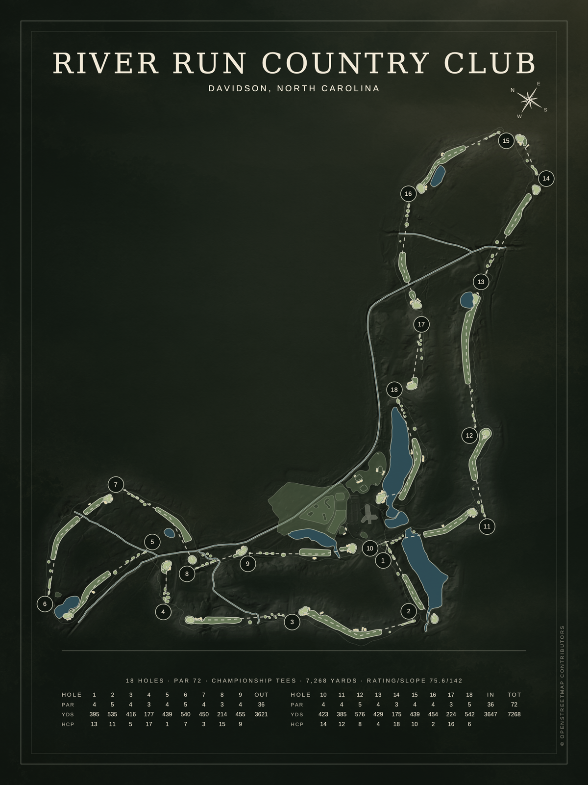 River Run Country Club course map poster, Architectural style, 12×16 / 18×24