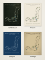 River Run Country Club course map poster in four styles: Architectural, Classic, Blueprint and Vintage