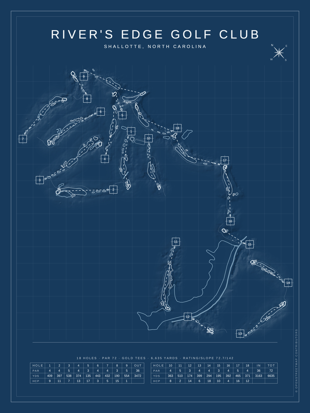 River's Edge Golf Club course map poster, Blueprint style, 12×16 / 18×24