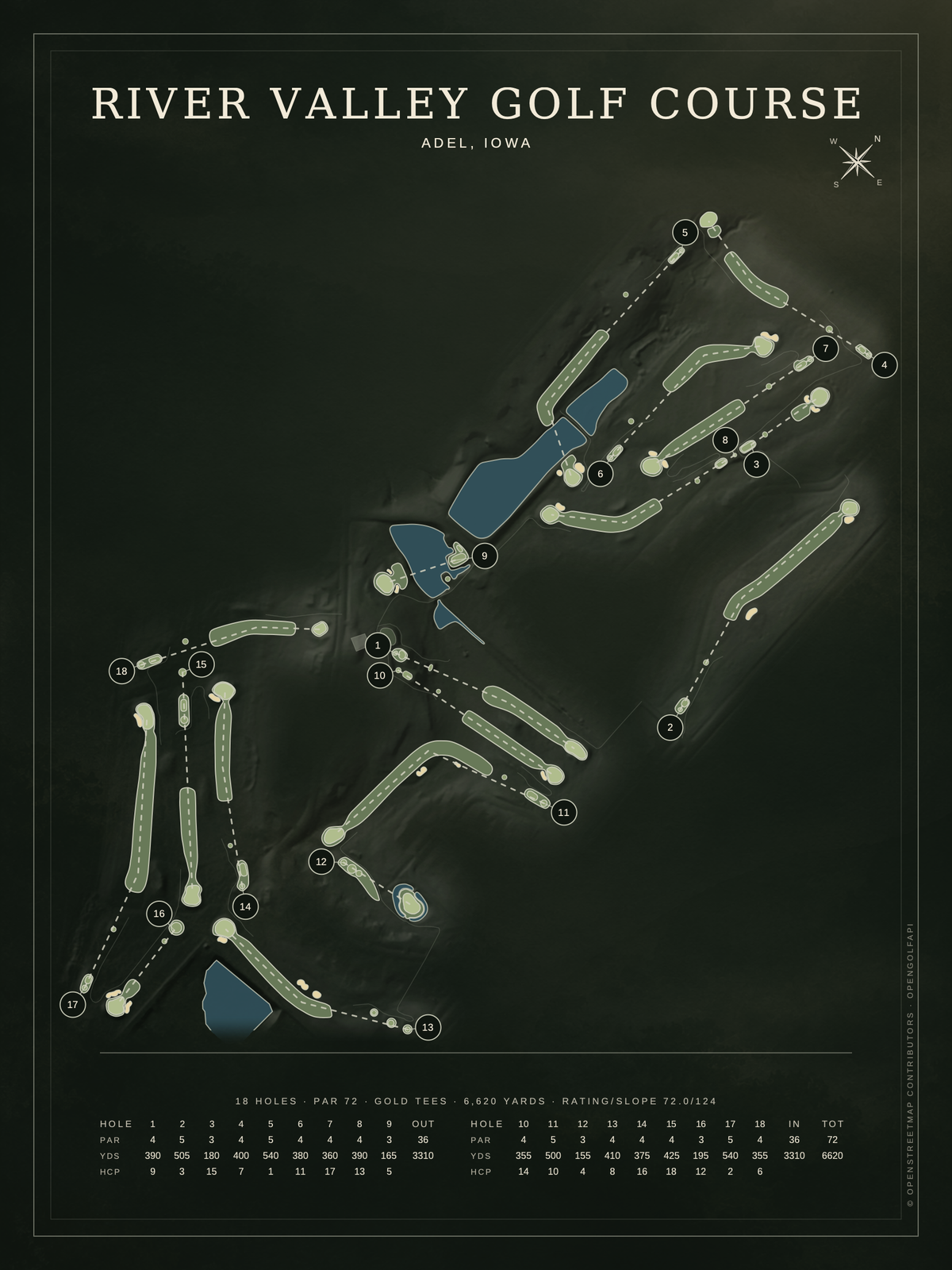 River Valley Golf Course map poster, Architectural style, 12×16 / 18×24