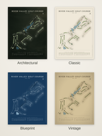 River Valley Golf Course map poster in four styles: Architectural, Classic, Blueprint and Vintage